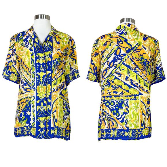 NEW Robert Graham | Silk Leila Blue Orange Scarf Print Short Sleeve Button Down - Picture 1 of 11